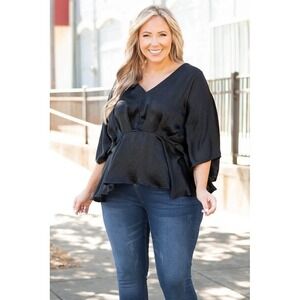 CHICSOUL Plus 3X Top One Little Spark Top Black‎ Satin Blouse Pleated Peplum